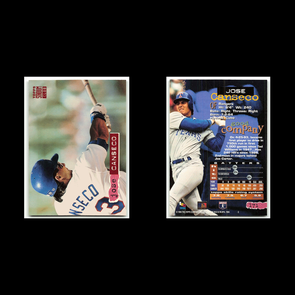 Jose Canseco #171 1994 Topps Stadium Club Texas Rangers Baseball Card MLB NM