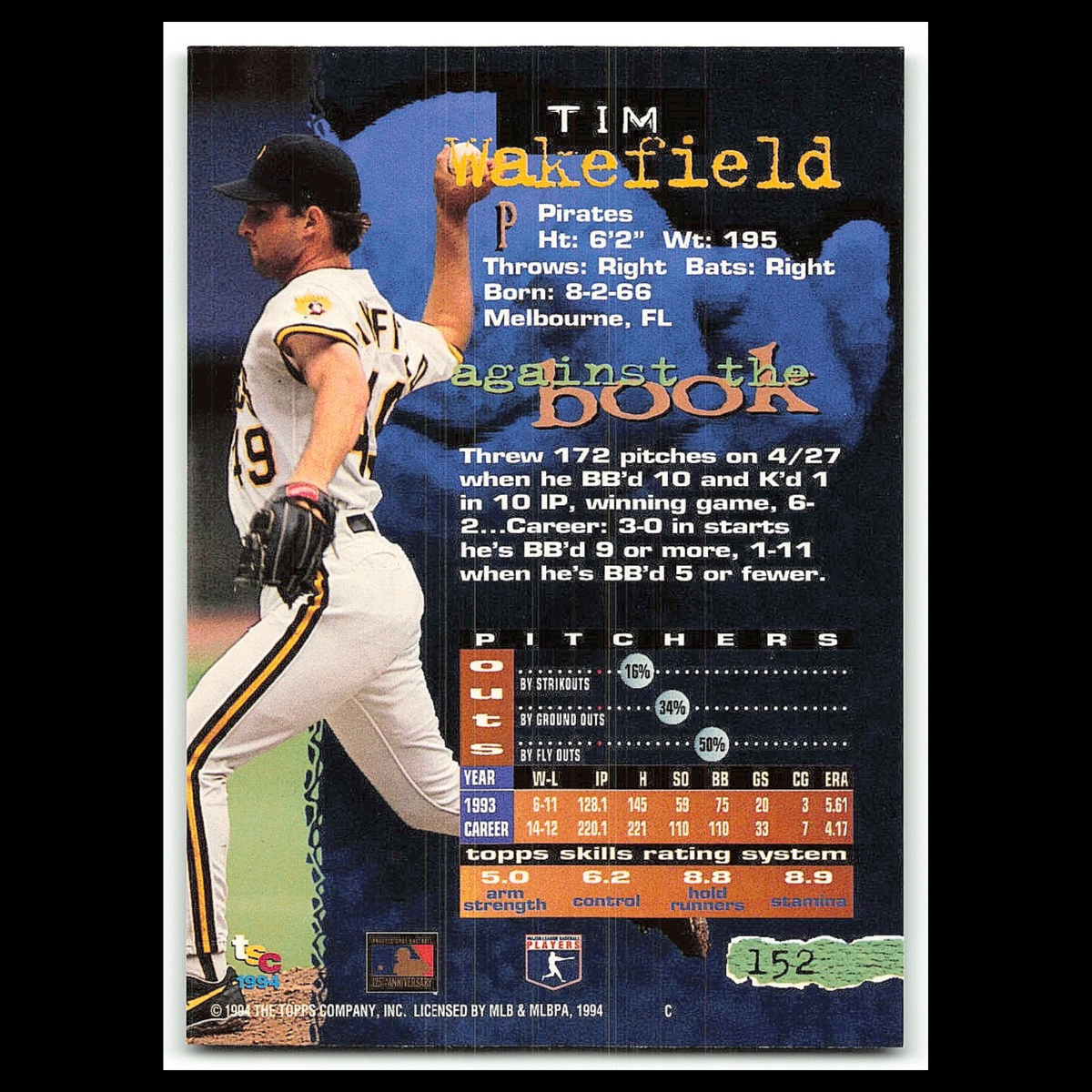 Tim Wakefield #152 1994 Topps Stadium Club Pittsburgh Pirates Baseball Card MLB