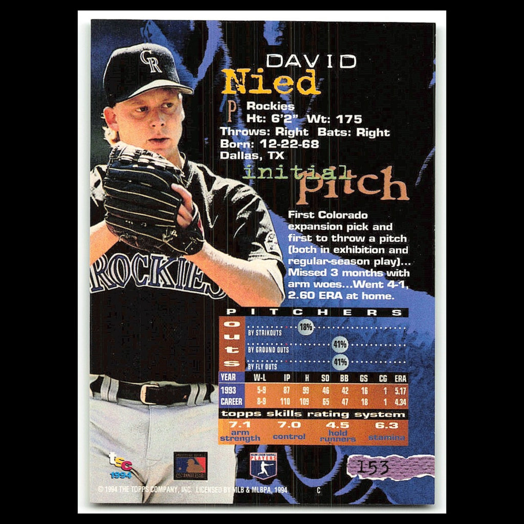 David Nied #153 1994 Topps Stadium Club Colorado Rockies Baseball Card MLB NM