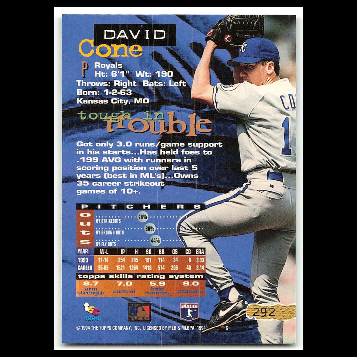 David Cone #292 1994 Topps Stadium Club Kansas City Royals Baseball Card MLB NM