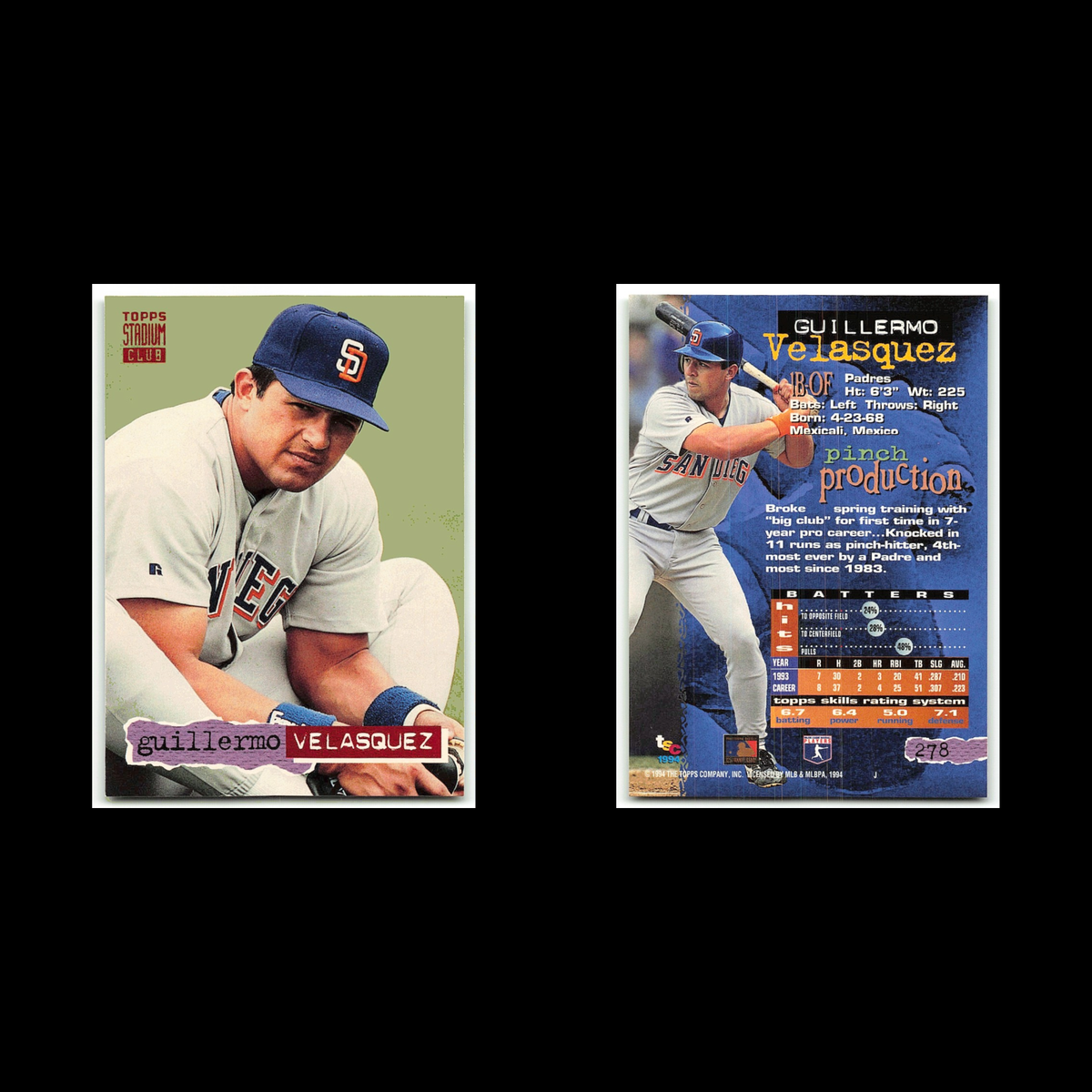Guillermo Velasquez #278 1994 Topps Stadium Club San Diego Padres Baseball Card