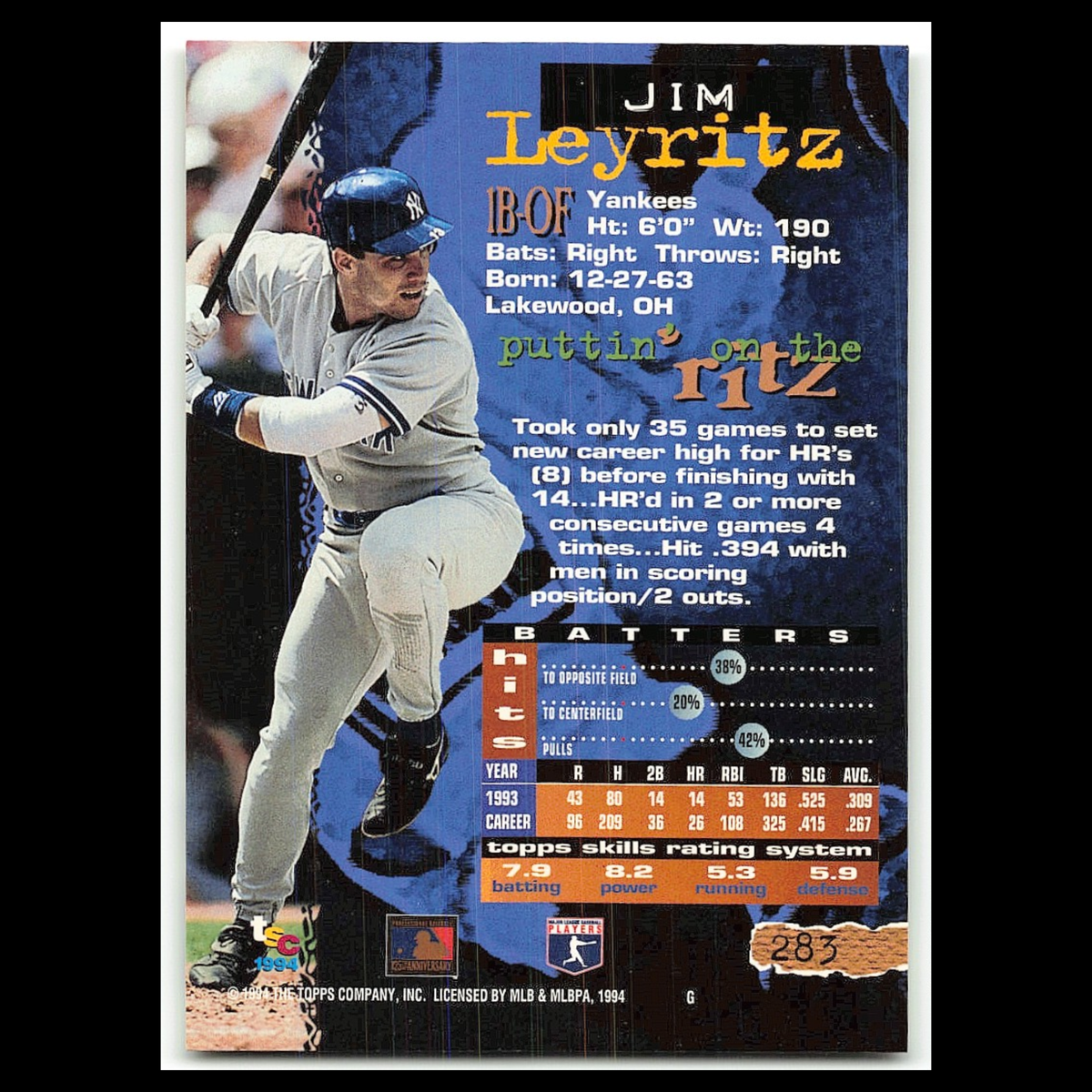 Jim Leyritz #283 1994 Topps Stadium Club New York Yankees Baseball Card MLB NM