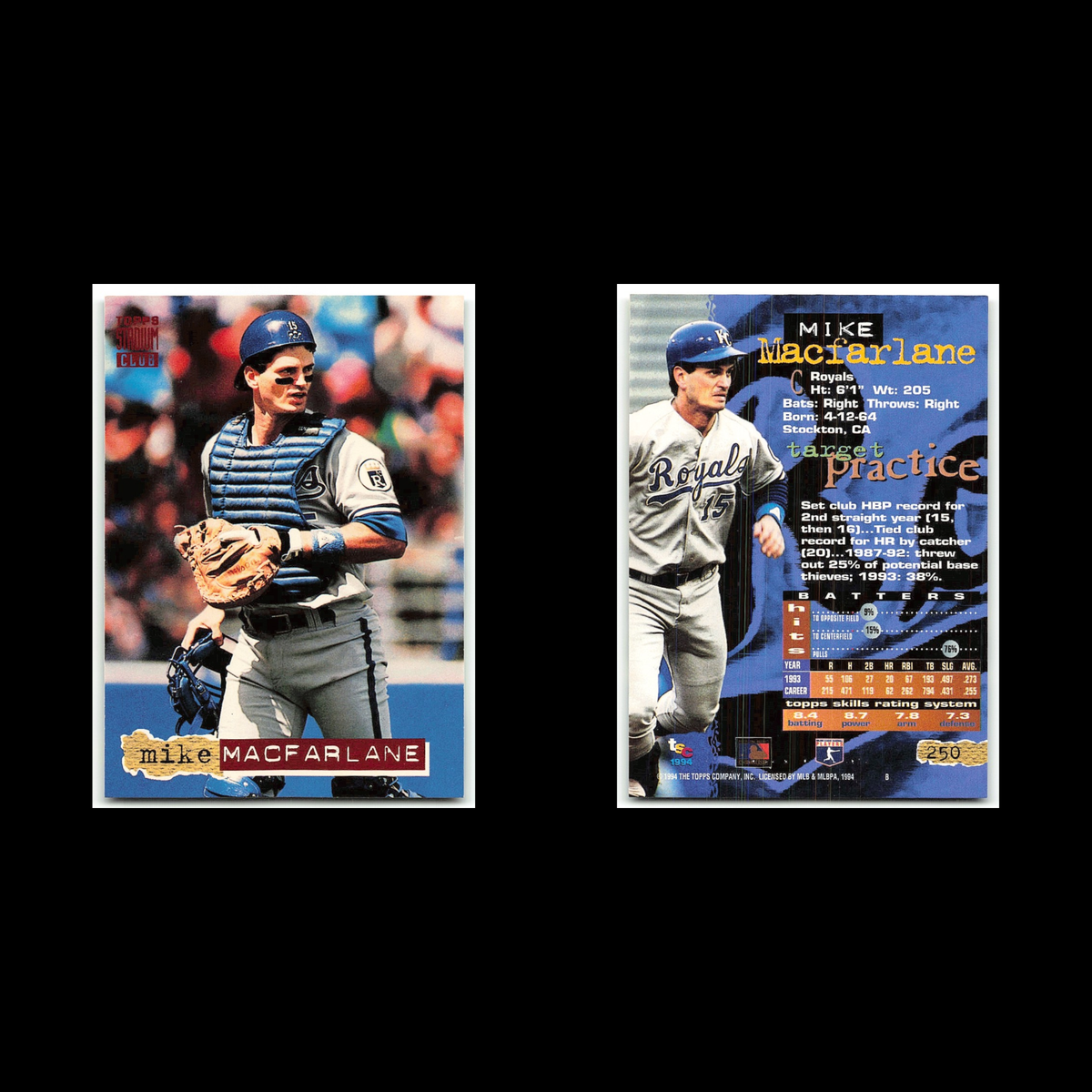 Mike Macfarlane #250 1994 Topps Stadium Club Kansas City Royals Baseball Card NM