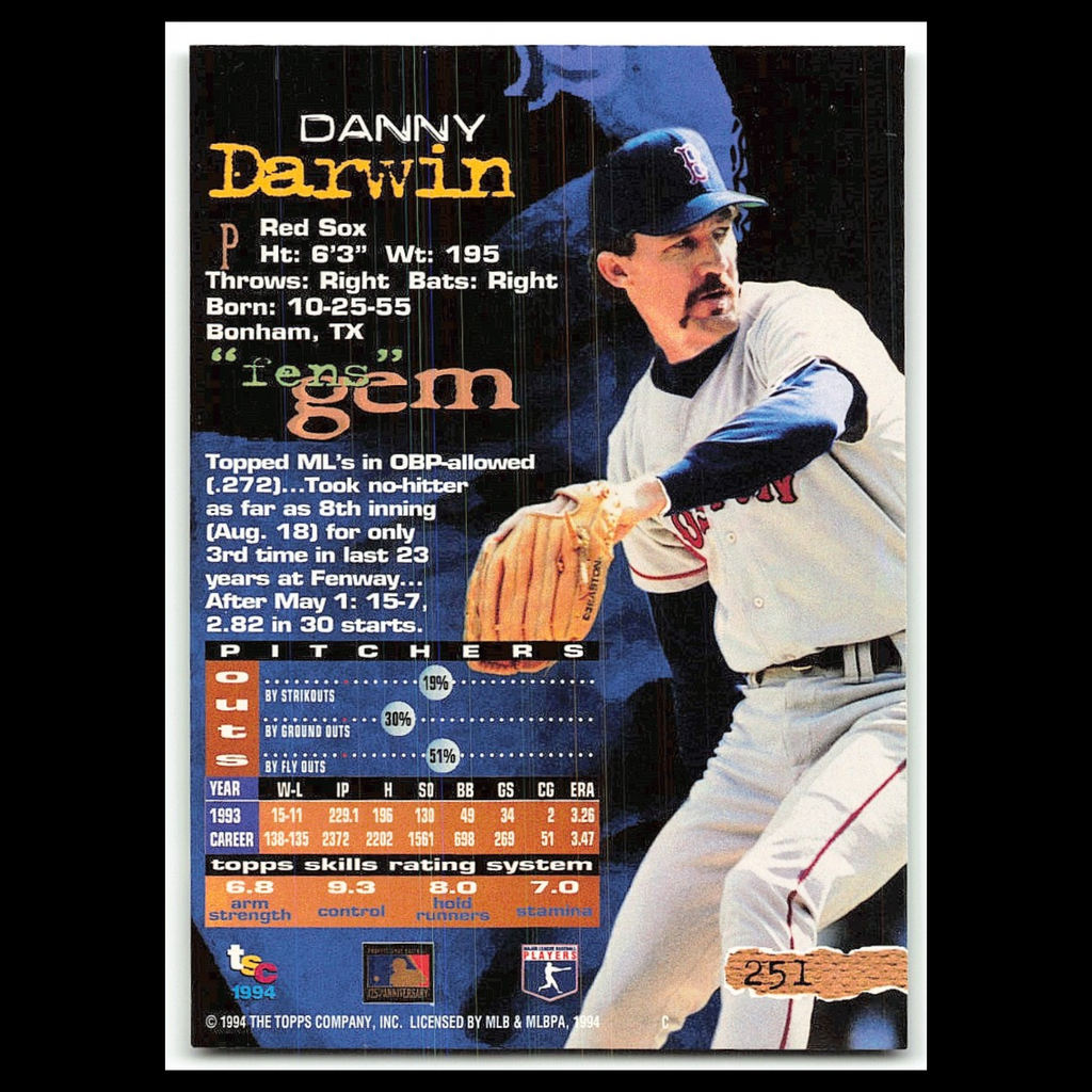 Danny Darwin #251 1994 Topps Stadium Club Boston Red Sox Baseball Card MLB NM