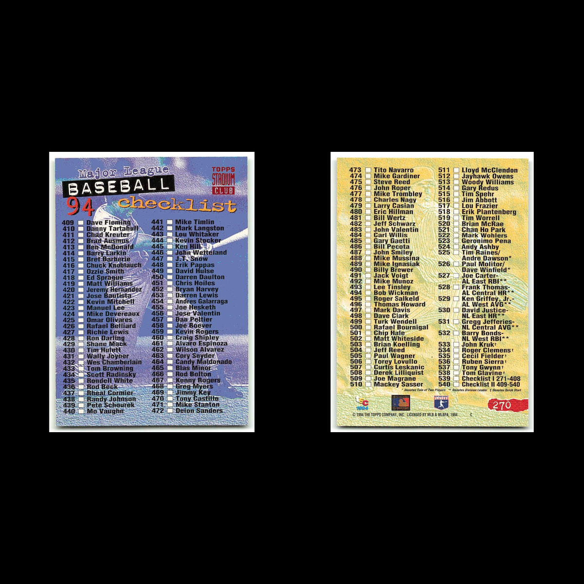 Checklist 409-540 #270 1994 Topps Stadium Club Baseball Card MLB NM