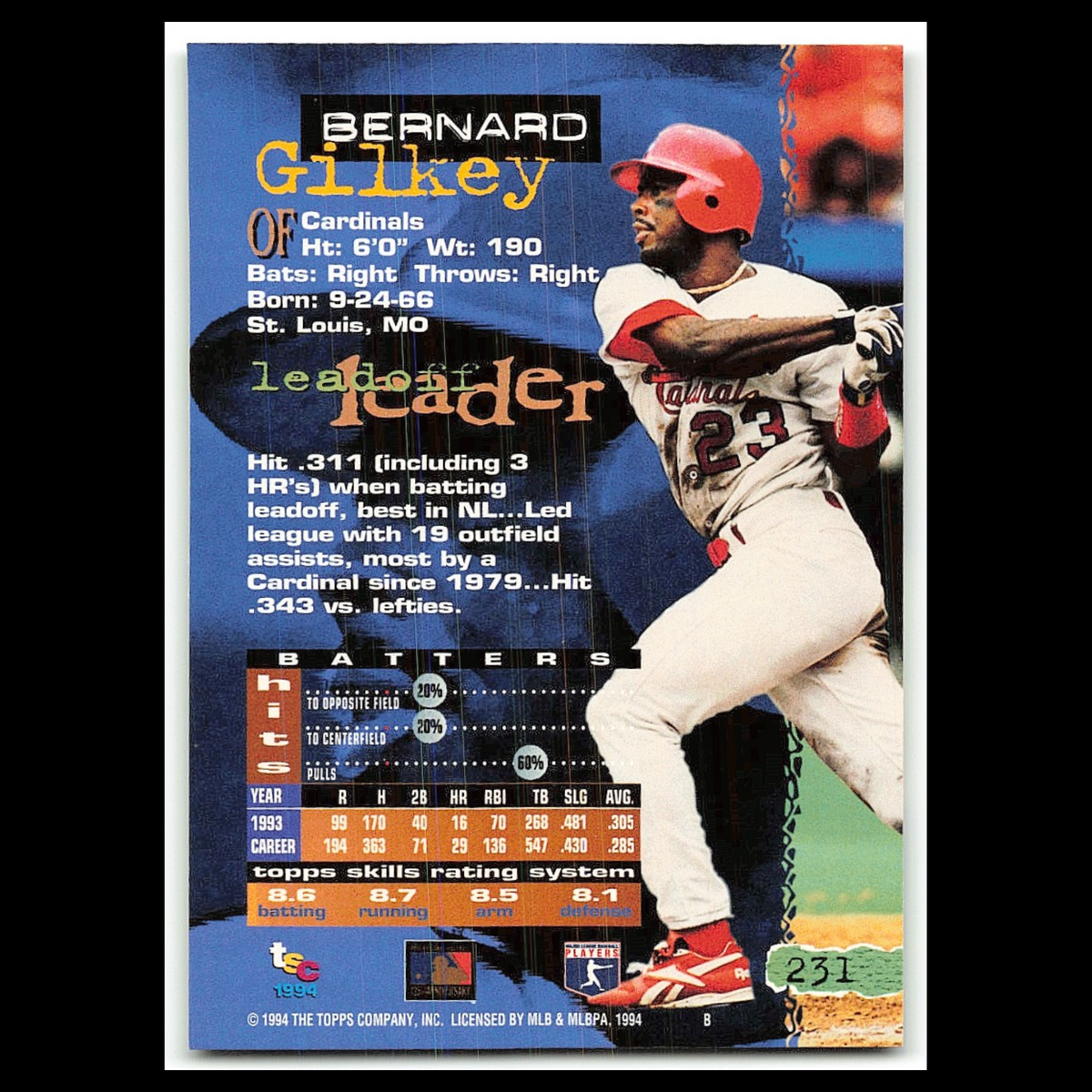 Bernard Gilkey #231 1994 Topps Stadium Club St. Louis Cardinals Baseball Card NM