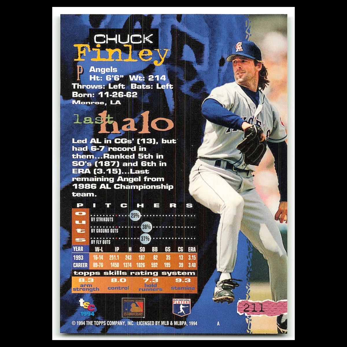 Chuck Finley #211 1994 Topps Stadium Club California Angels Baseball Card MLB NM