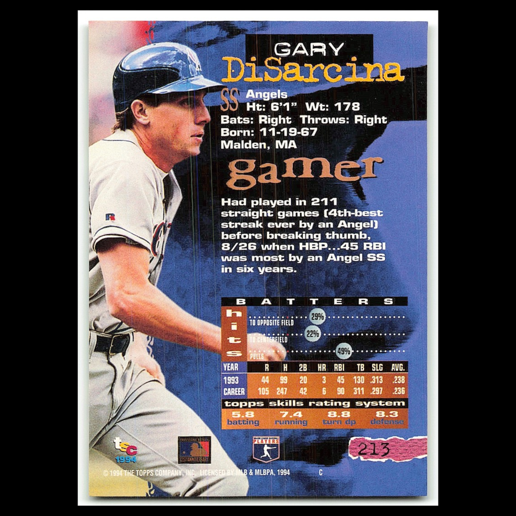 Gary DiSarcina #213 1994 Topps Stadium Club California Angels Baseball Card MLB