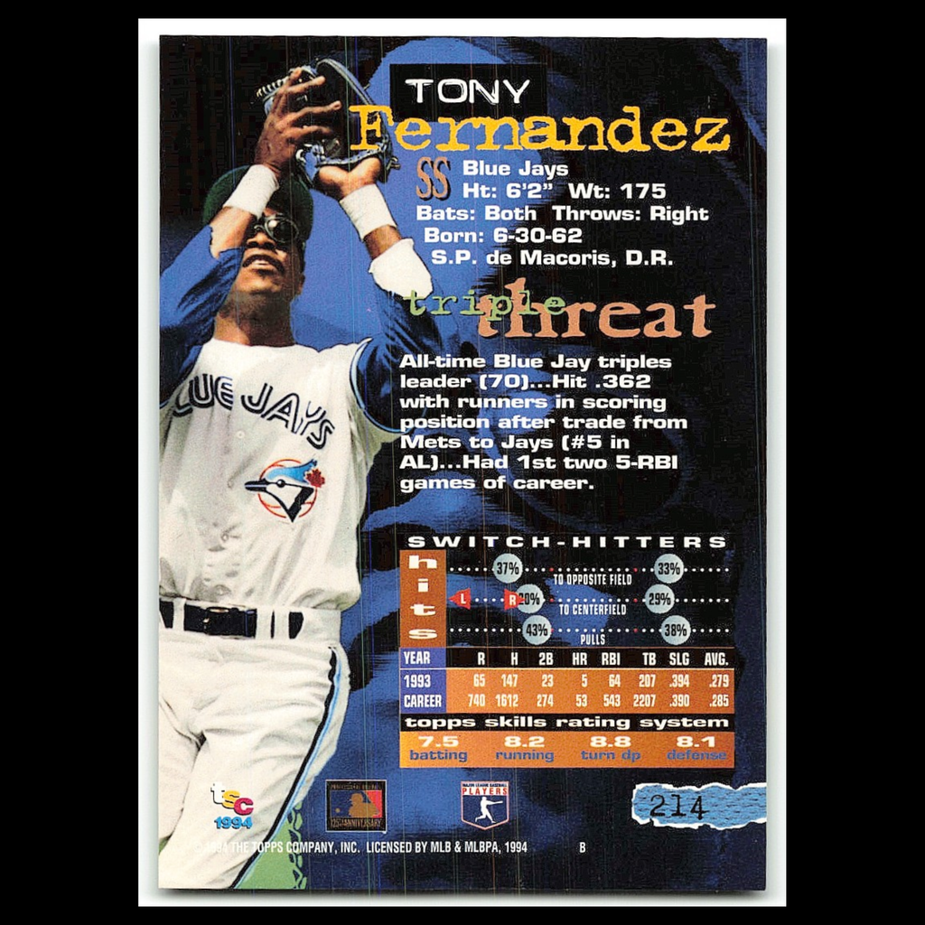 Tony Fernandez #214 1994 Topps Stadium Club Toronto Blue Jays Baseball Card MLB