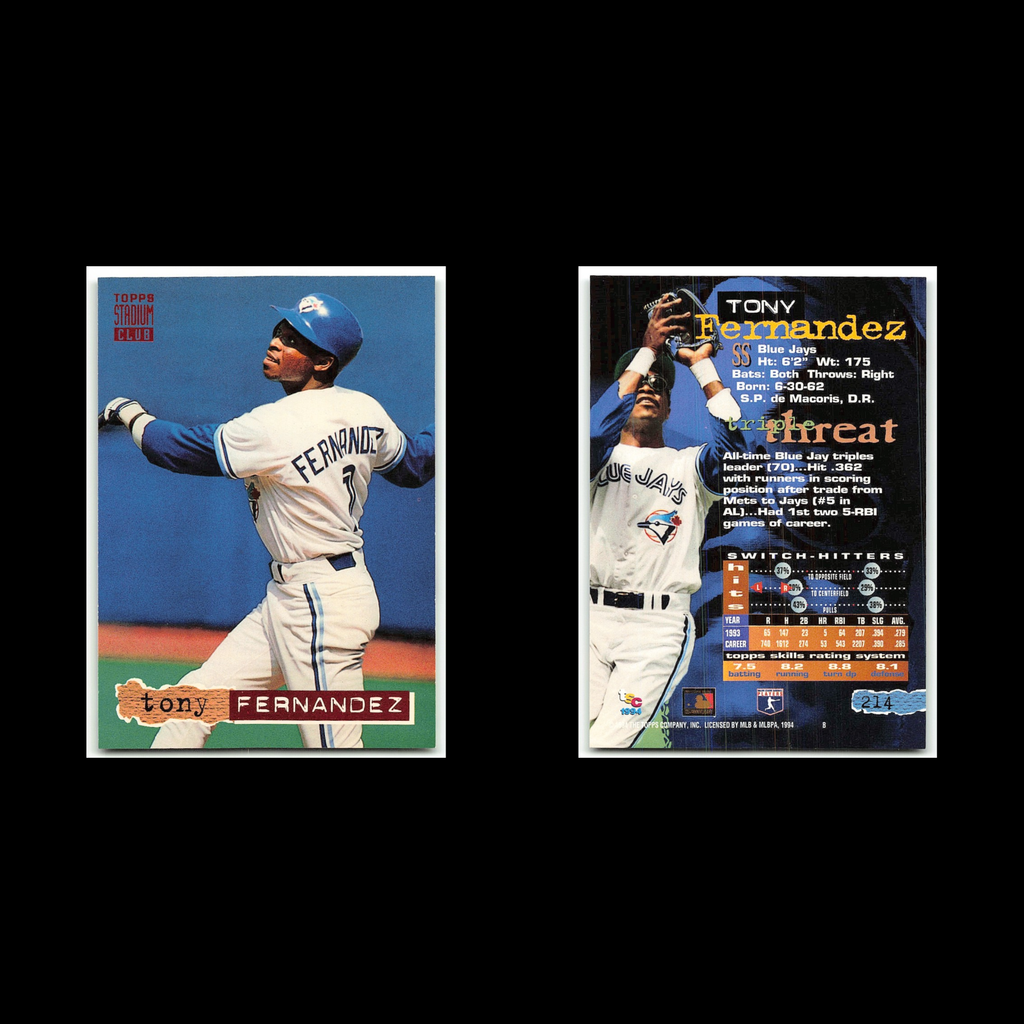 Tony Fernandez #214 1994 Topps Stadium Club Toronto Blue Jays Baseball Card MLB