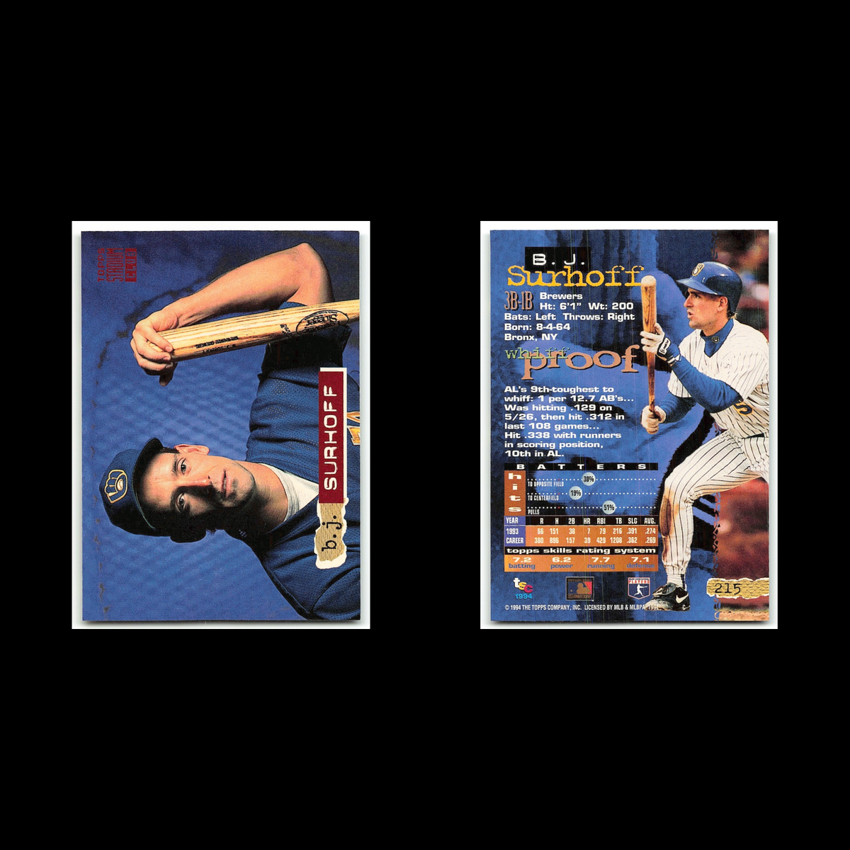 B.J. Surhoff #215 1994 Topps Stadium Club Milwaukee Brewers Baseball Card MLB NM