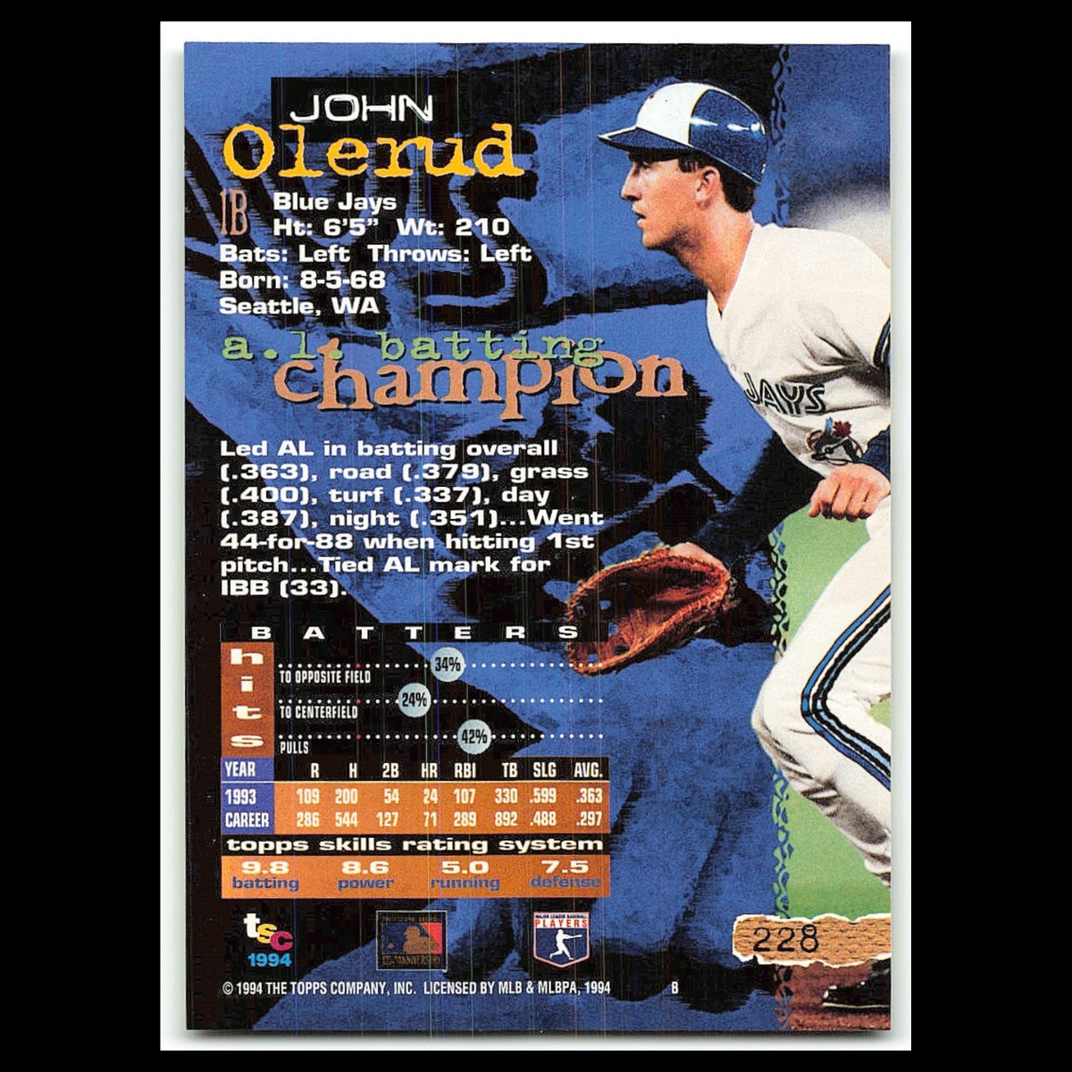 John Olerud #228 1994 Topps Stadium Club Toronto Blue Jays Baseball Card MLB NM
