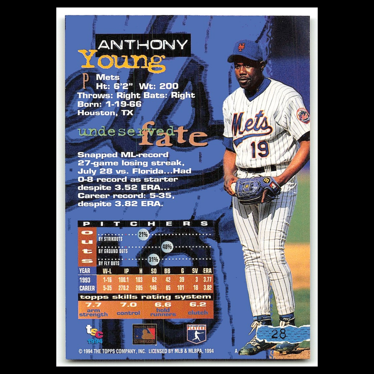 Anthony Young #28 1994 Topps Stadium Club New York Mets Baseball Card MLB NM