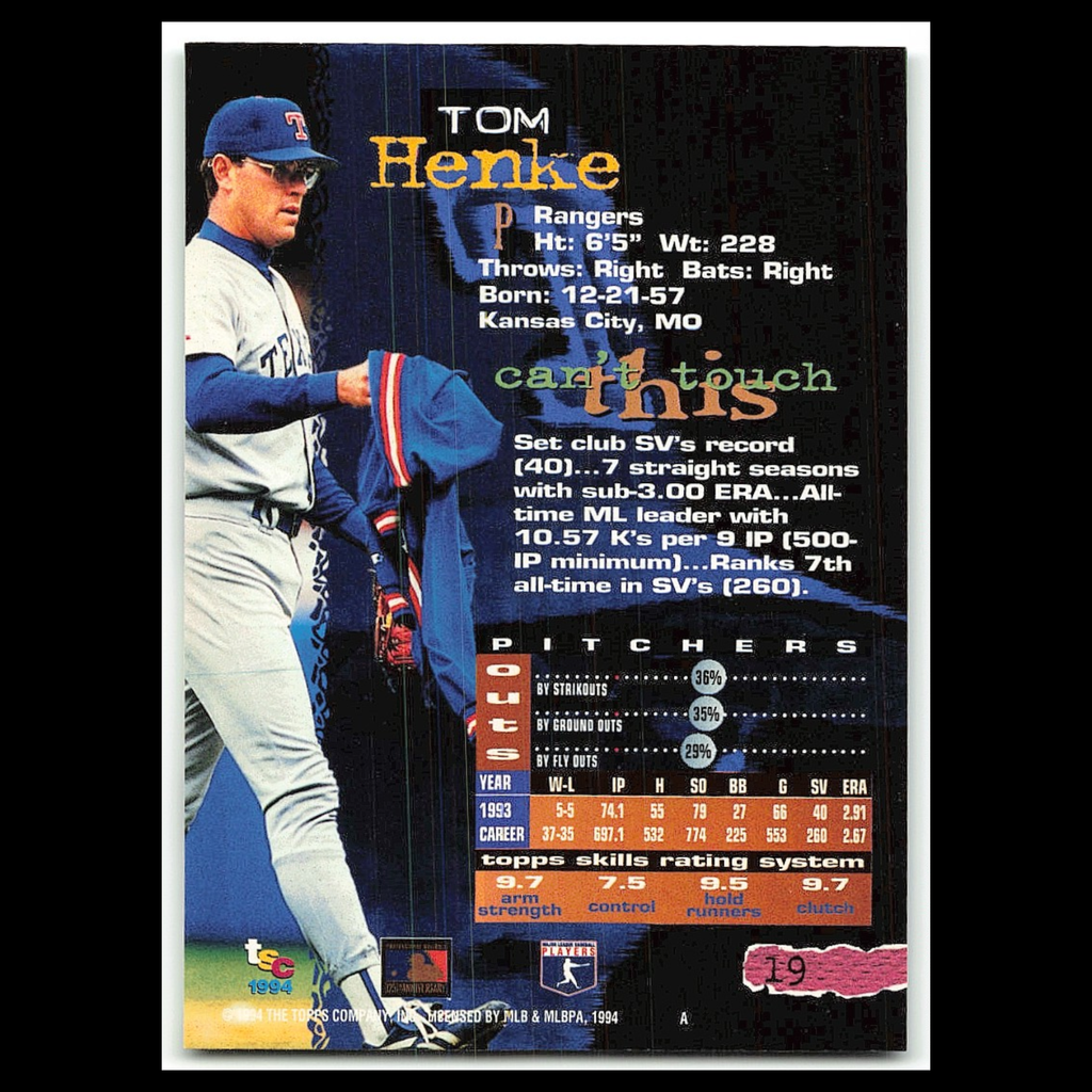 Tom Henke #19 1994 Topps Stadium Club Texas Rangers Baseball Card MLB NM