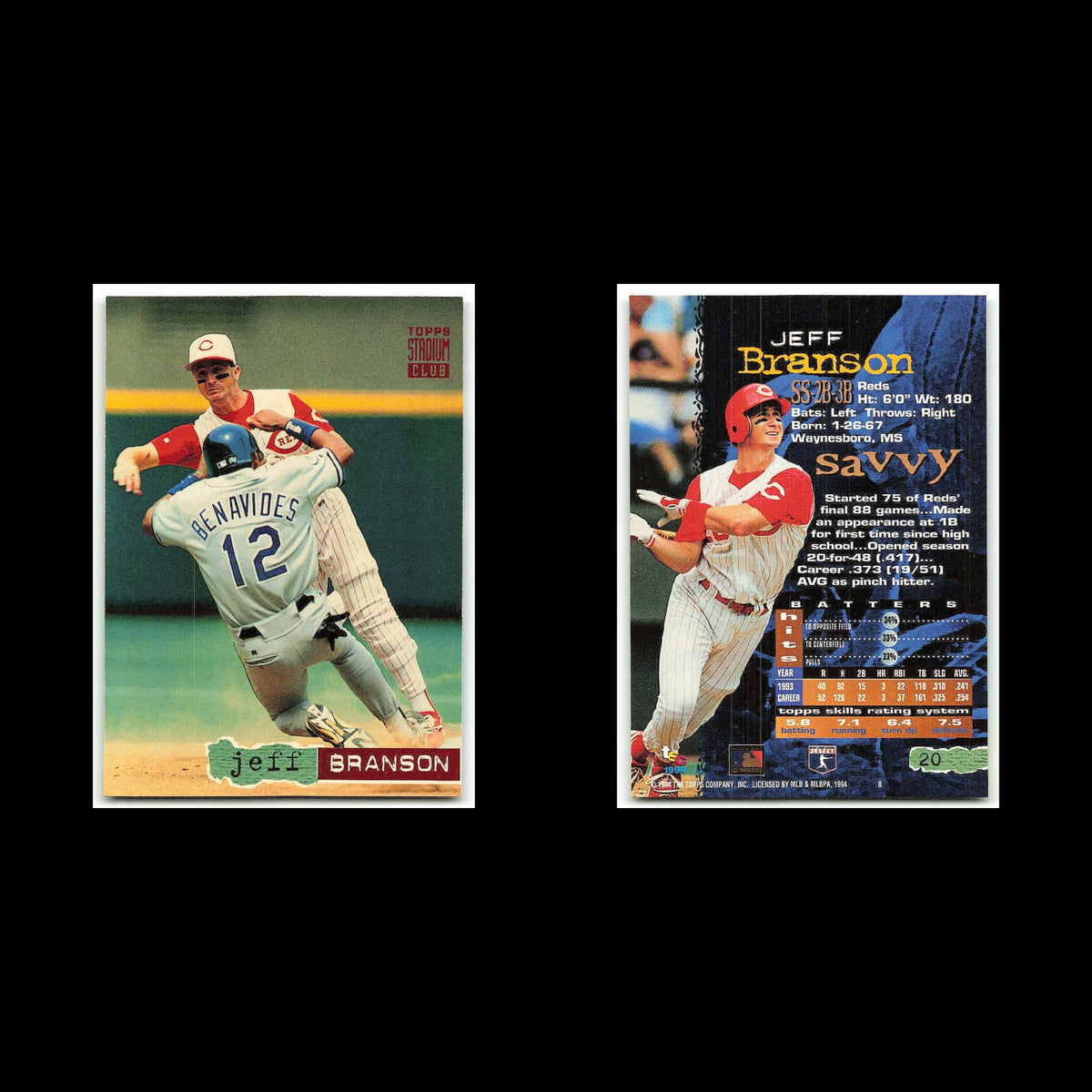 Jeff Branson #20 1994 Topps Stadium Club Cincinnati Reds Baseball Card MLB NM