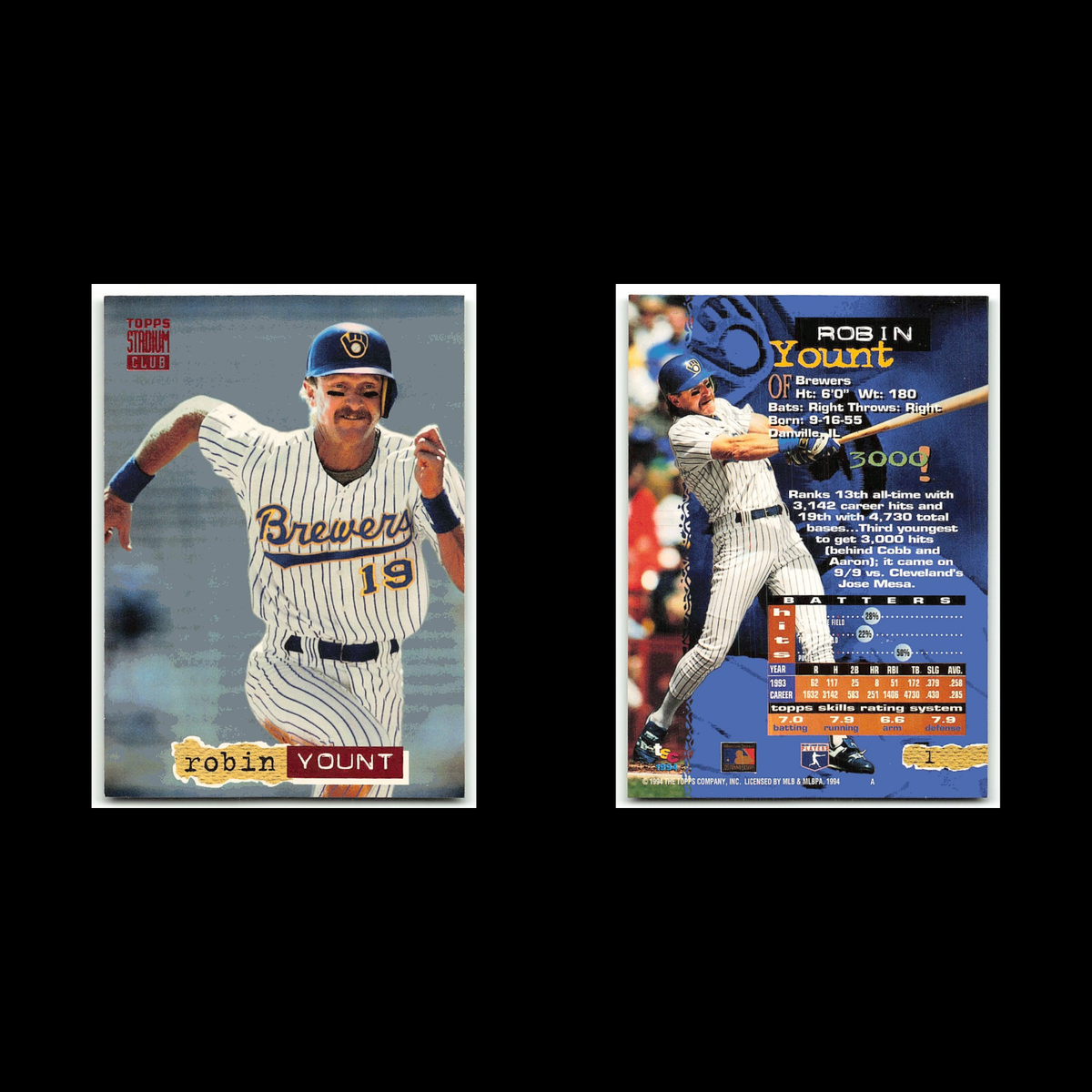 Robin Yount #1 1994 Topps Stadium Club Milwaukee Brewers Baseball Card MLB NM
