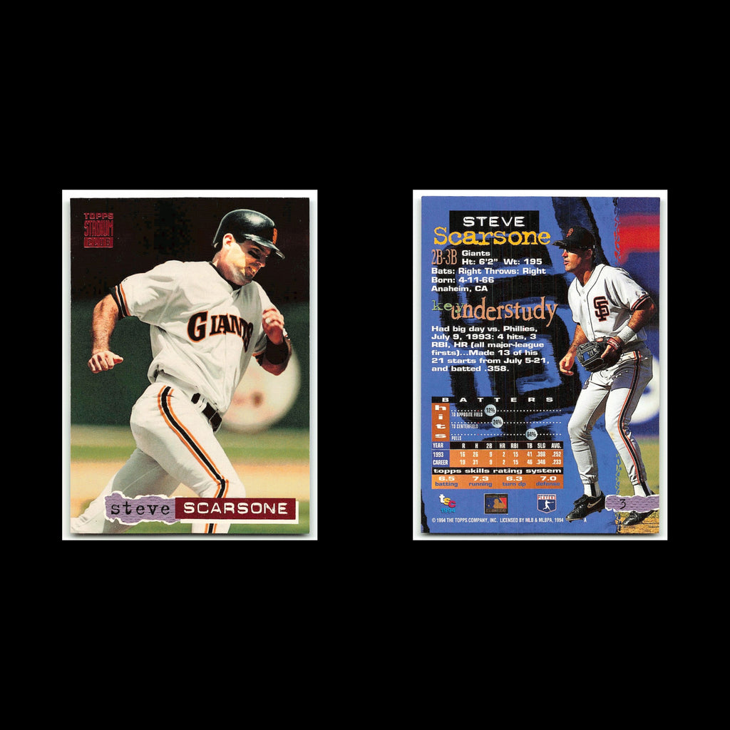 Steve Scarsone #3 1994 Topps Stadium Club San Francisco Giants Baseball Card MLB