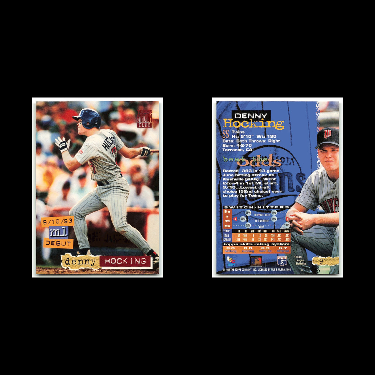 Denny Hocking Rookie #9 1994 Topps Stadium Club Minnesota Twins Baseball Card NM