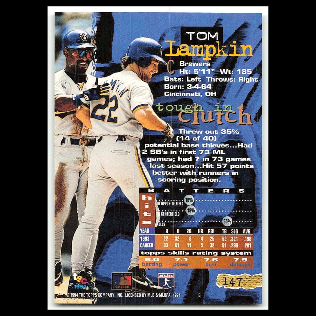 Tom Lampkin #147 1994 Topps Stadium Club Milwaukee Brewers Baseball Card MLB NM