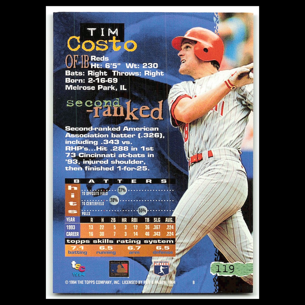 Tim Costo #119 1994 Topps Stadium Club Cincinnati Reds Baseball Card MLB NM
