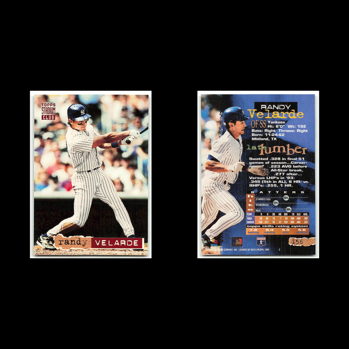 Randy Velarde #156 1994 Topps Stadium Club New York Yankees Baseball Card MLB NM