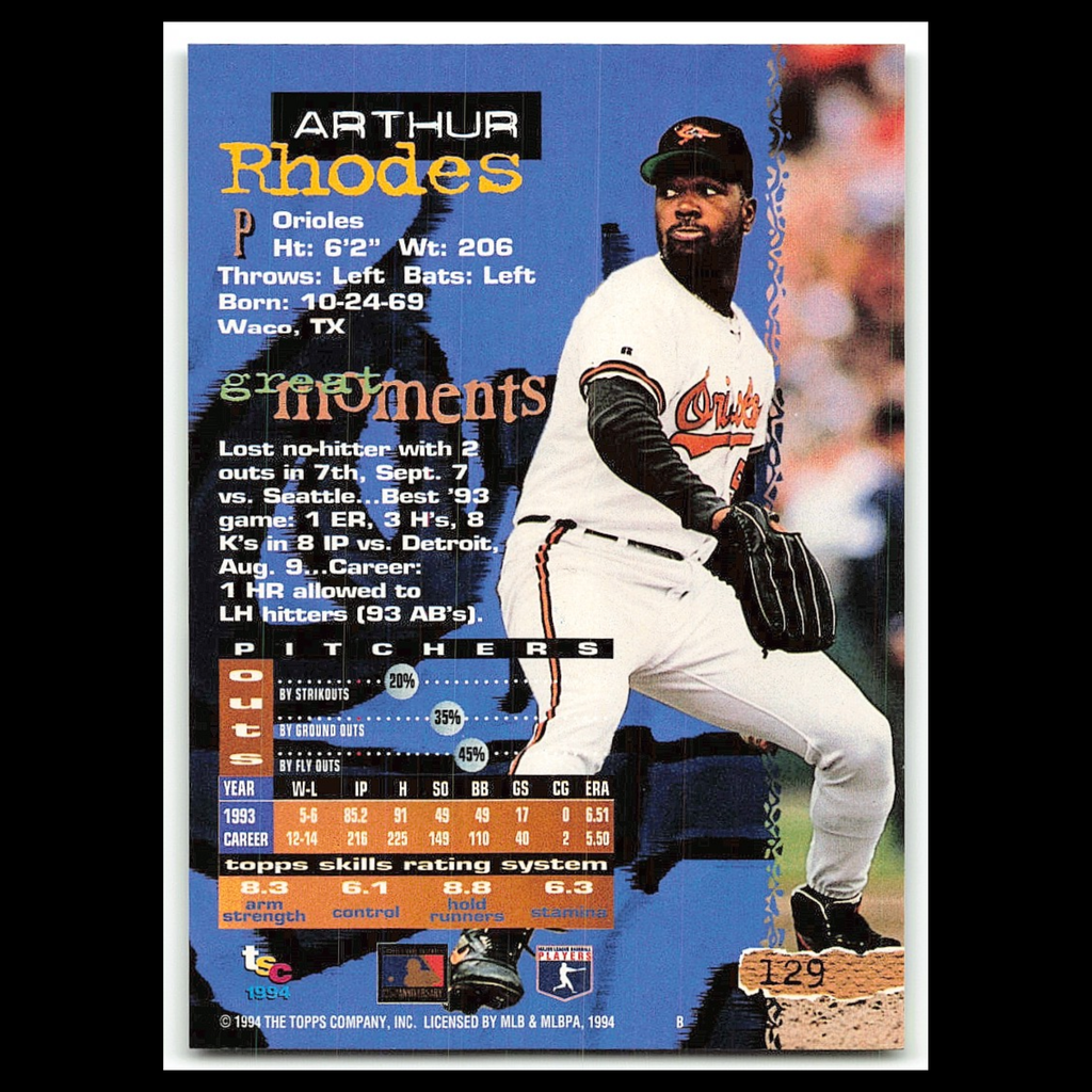 Arthur Rhodes #129 1994 Topps Stadium Club Baltimore Orioles Baseball Card MLB
