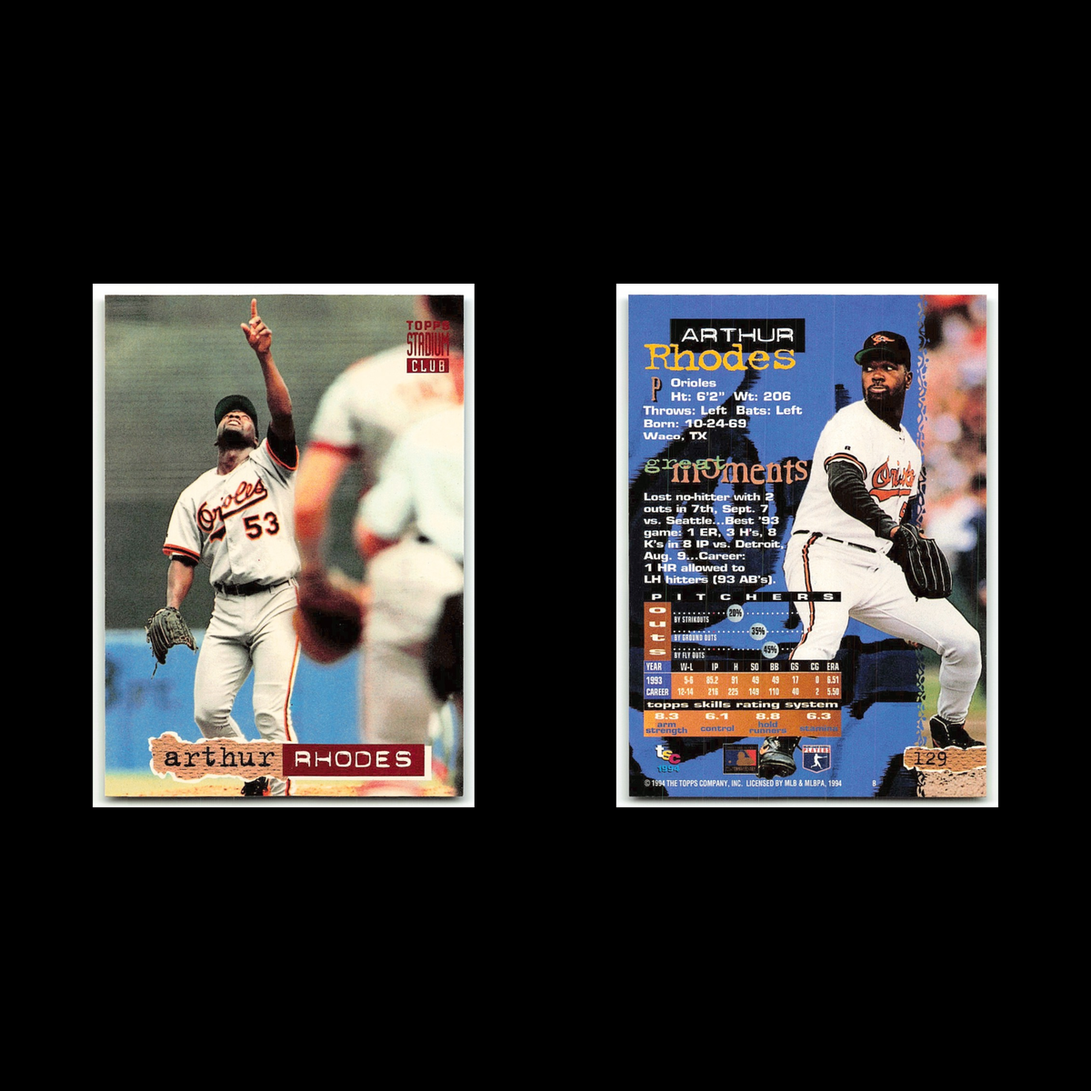 Arthur Rhodes #129 1994 Topps Stadium Club Baltimore Orioles Baseball Card MLB