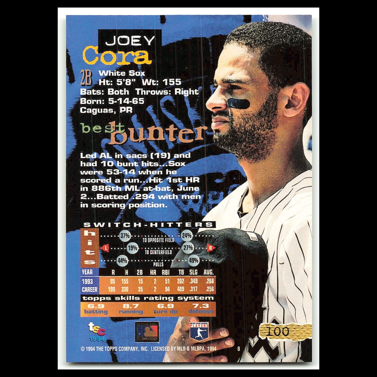Joey Cora #100 1994 Topps Stadium Club Chicago White Sox Baseball Card MLB NM