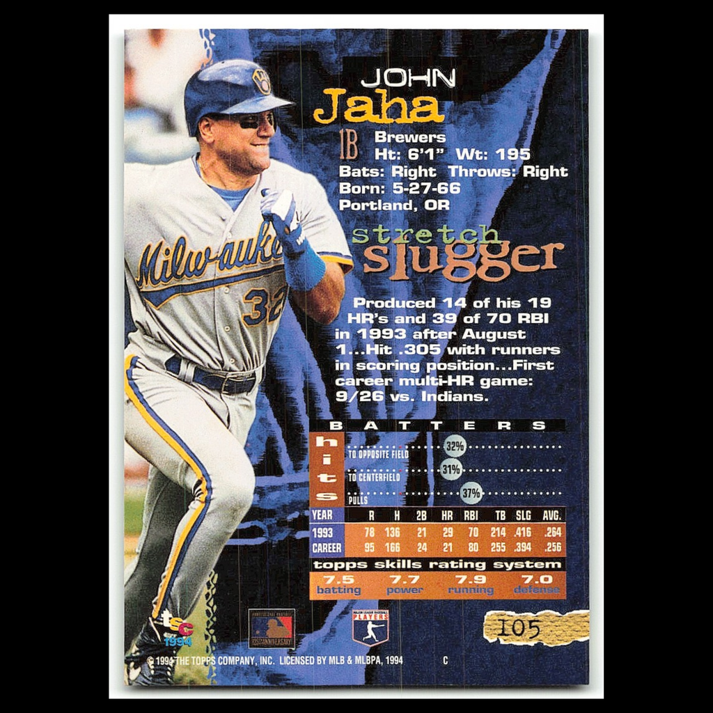 John Jaha #105 1994 Topps Stadium Club Milwaukee Brewers Baseball Card MLB NM