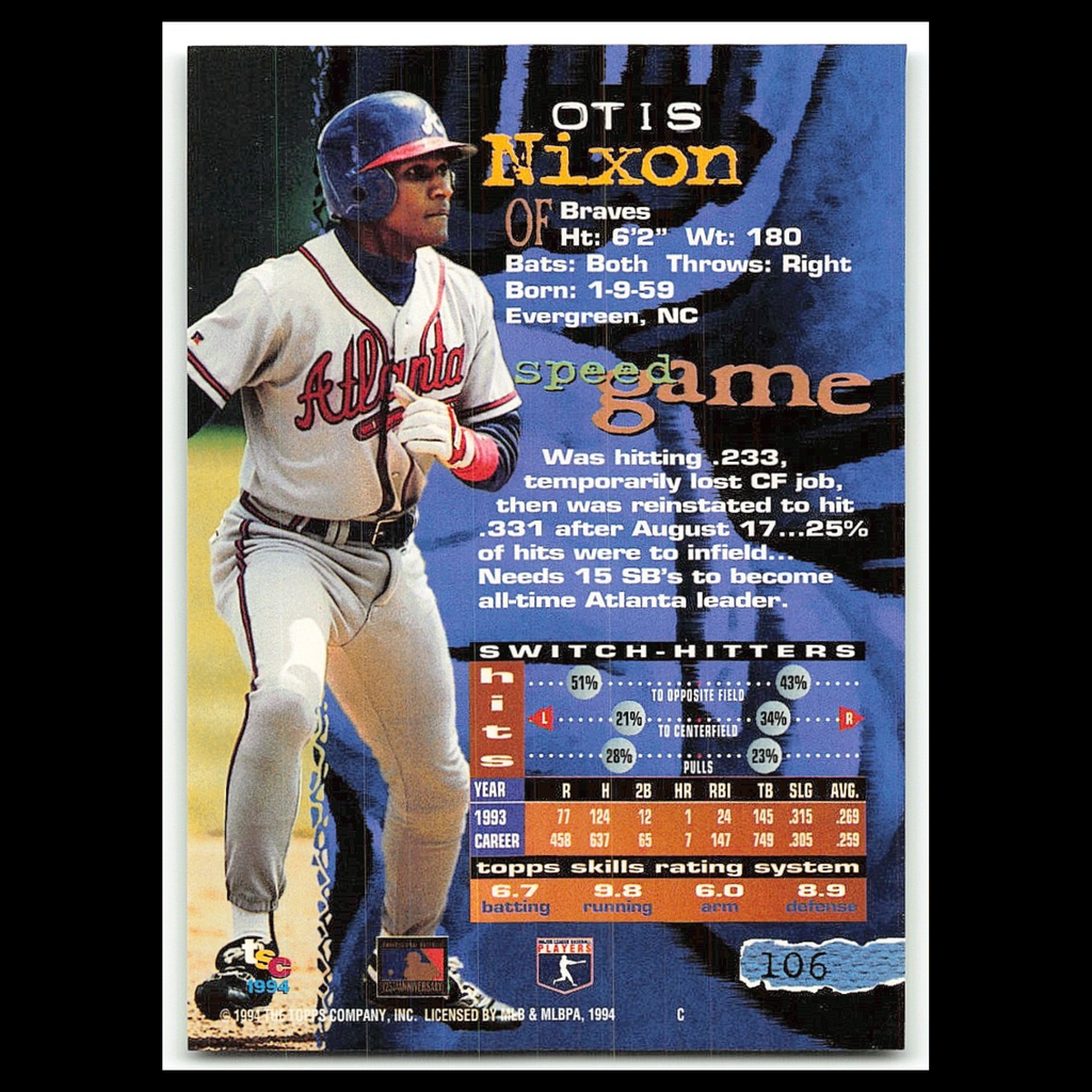 Otis Nixon #106 1994 Topps Stadium Club Atlanta Braves Baseball Card MLB NM