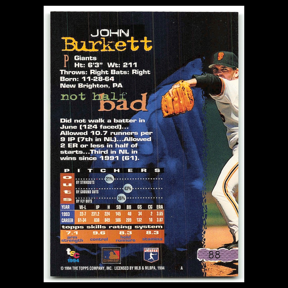 John Burkett #88 1994 Topps Stadium Club San Francisco Giants Baseball Card MLB