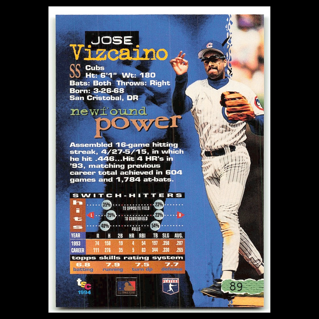 Jose Vizcaino #89 1994 Topps Stadium Club Chicago Cubs Baseball Card MLB NM