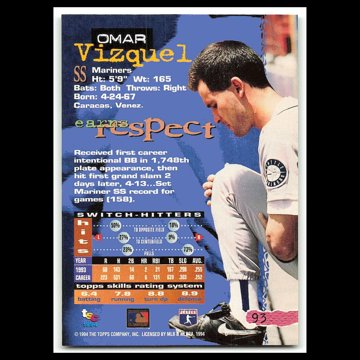 Omar Vizquel #93 1994 Topps Stadium Club Seattle Mariners Baseball Card MLB NM