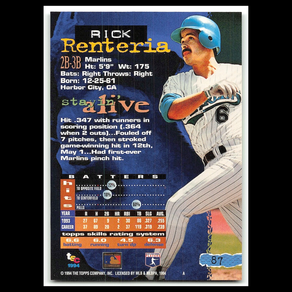 Rick Renteria #87 1994 Topps Stadium Club Florida Marlins Baseball Card MLB NM