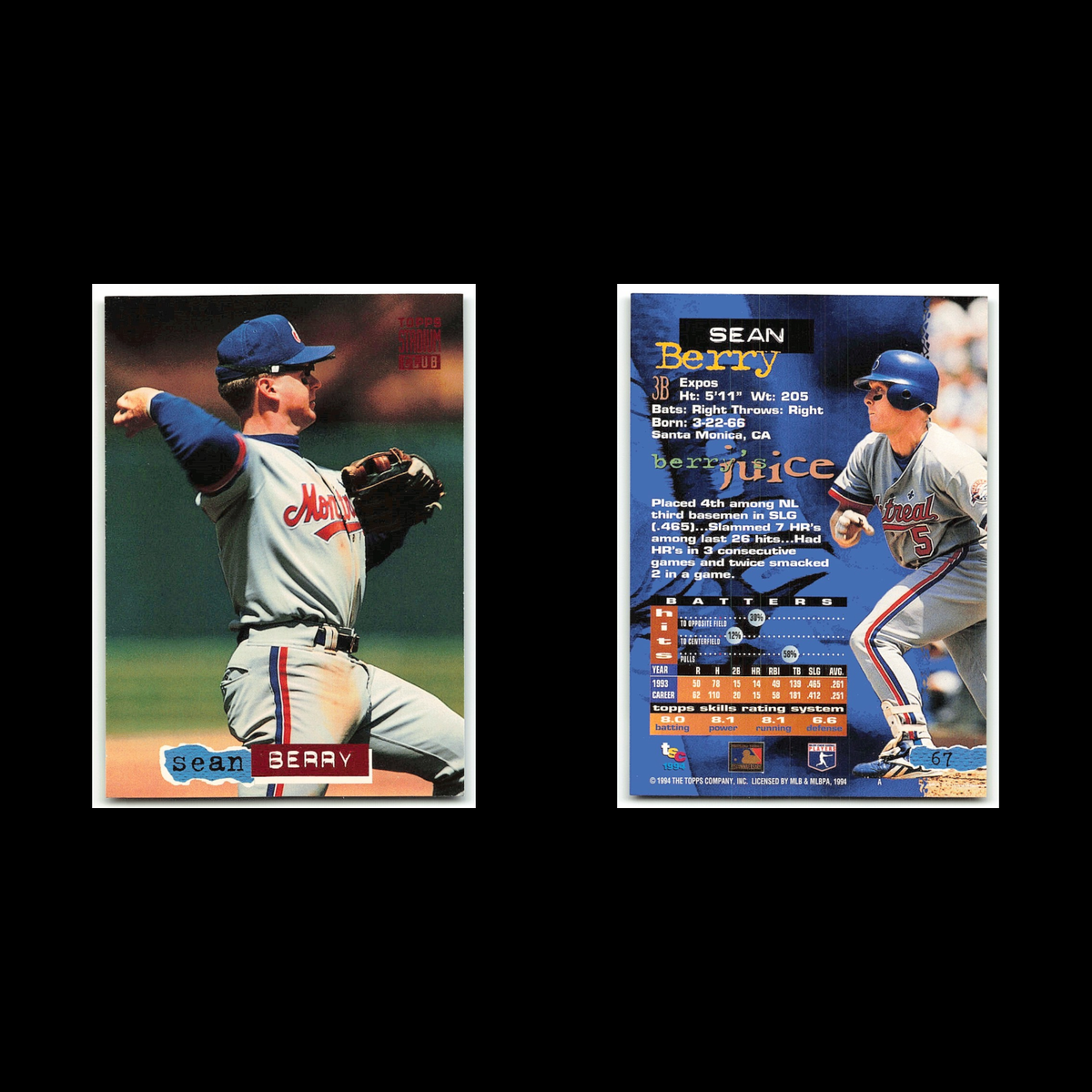 Sean Berry #67 1994 Topps Stadium Club Montreal Expos Baseball Card MLB NM