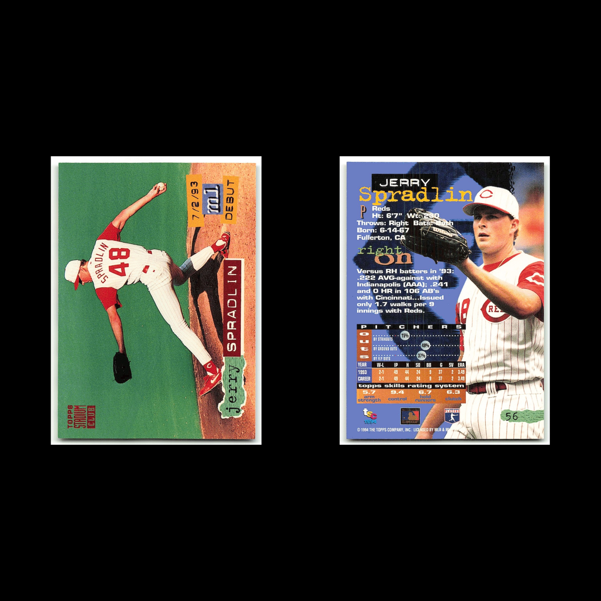 Jerry Spradlin Rookie #56 1994 Topps Stadium Club Cincinnati Reds Baseball Card