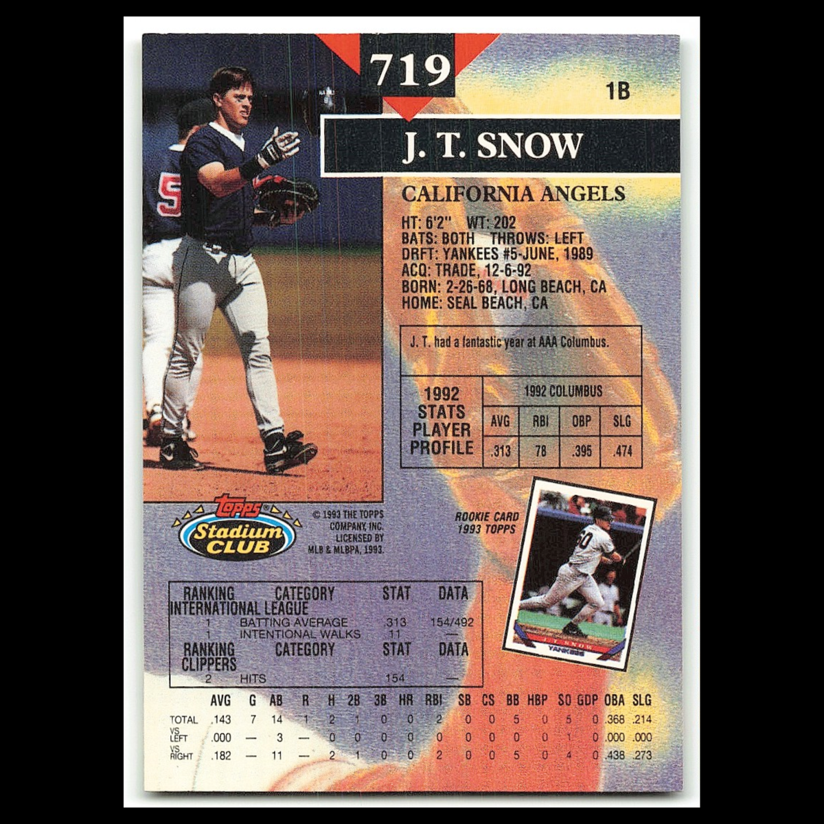 J.T. Snow Rookie #719 1993 Topps Stadium Club California Angels Baseball Card NM