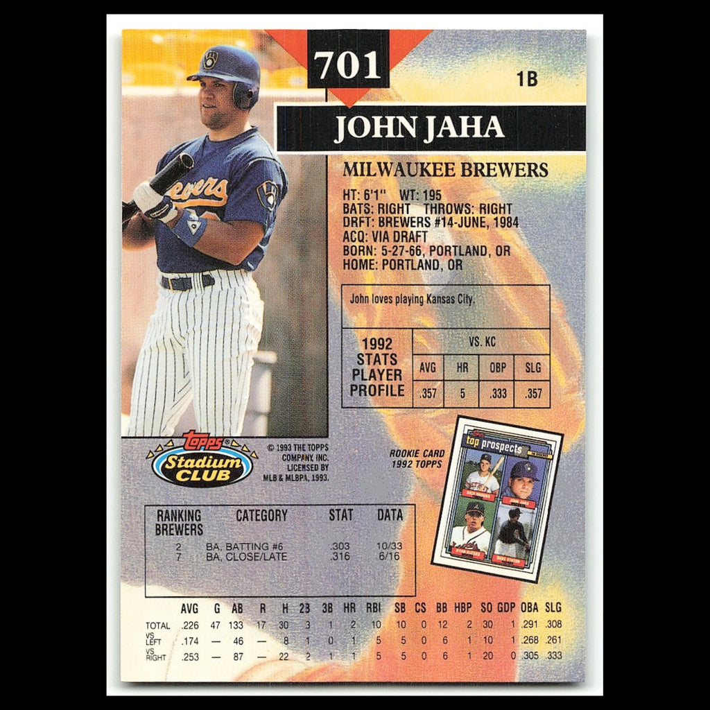 John Jaha #701 1993 Topps Stadium Club Milwaukee Brewers Baseball Card MLB NM