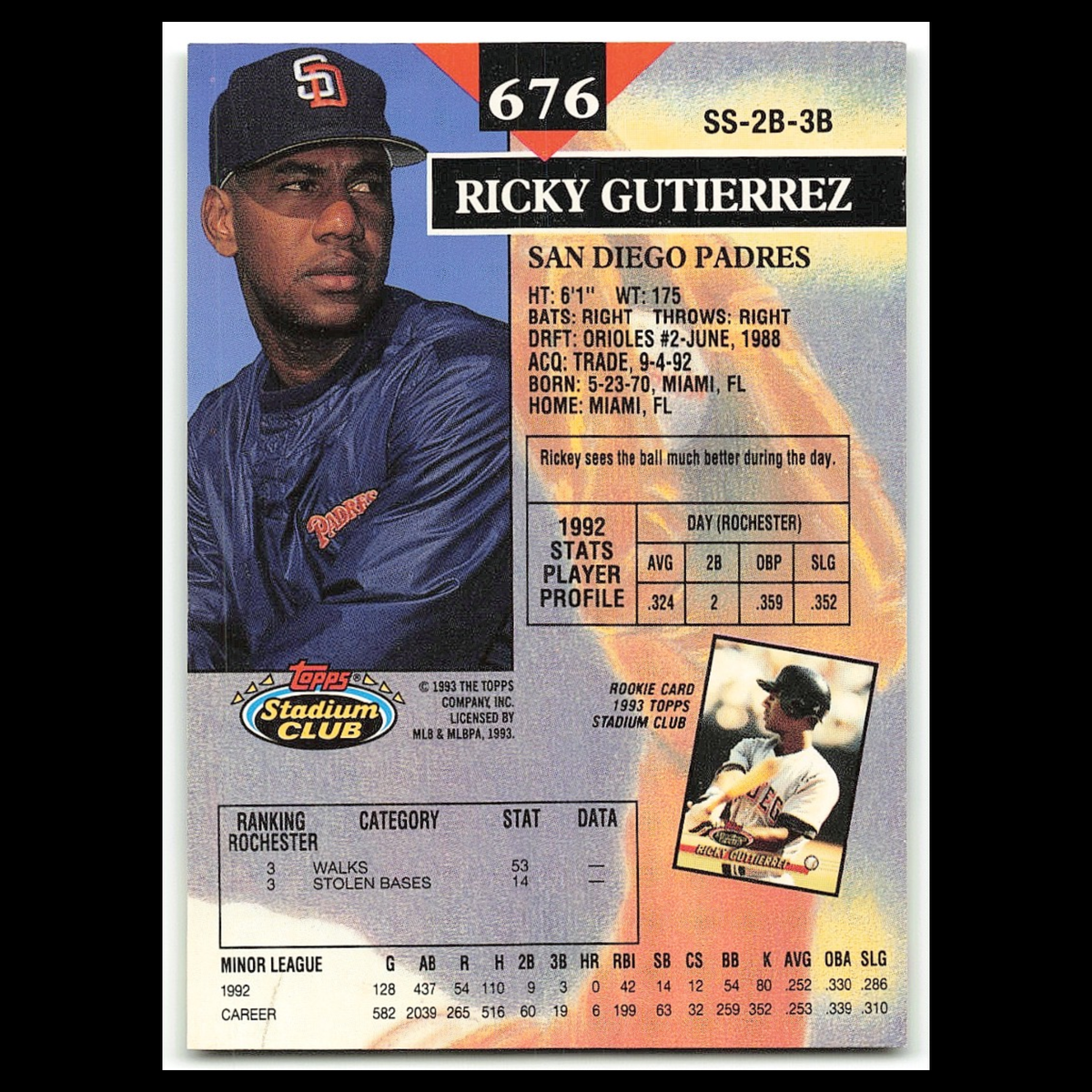 Ricky Gutierrez #676 1993 Topps Stadium Club San Diego Padres Baseball Card MLB