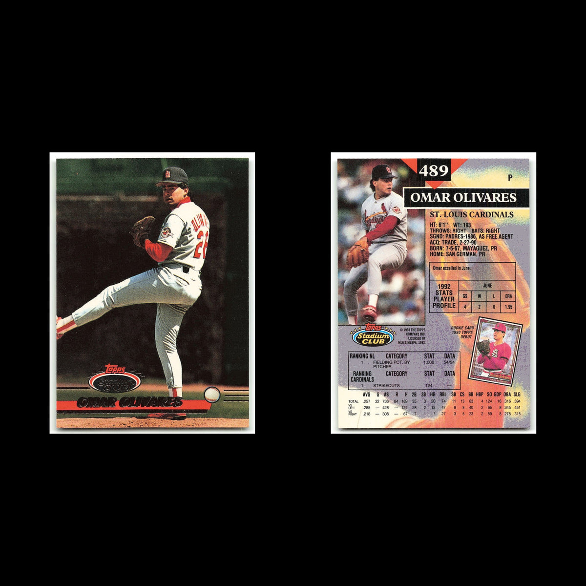 Omar Olivares #489 1993 Topps Stadium Club St. Louis Cardinals Baseball Card MLB