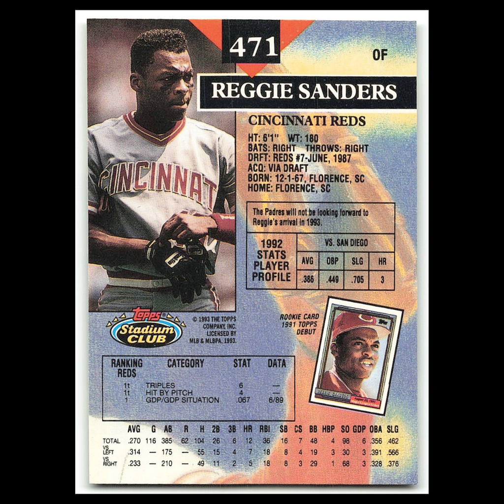 Reggie Sanders #471 1993 Topps Stadium Club Cincinnati Reds Baseball Card MLB NM