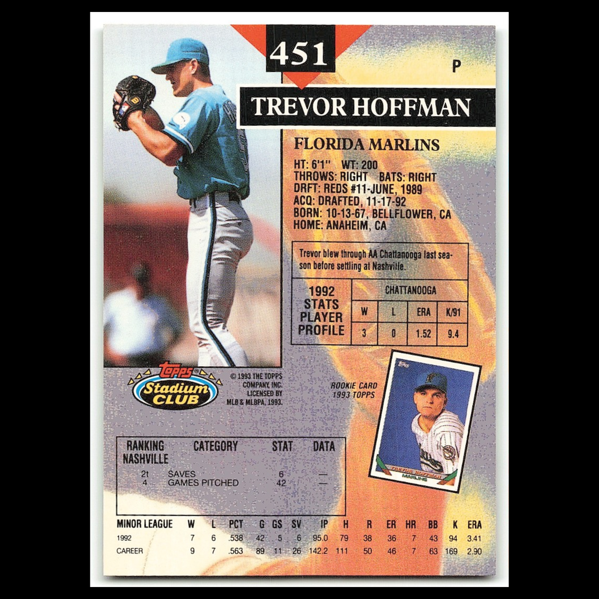 Trevor Hoffman #451 1993 Topps Stadium Club Florida Marlins Baseball Card MLB NM