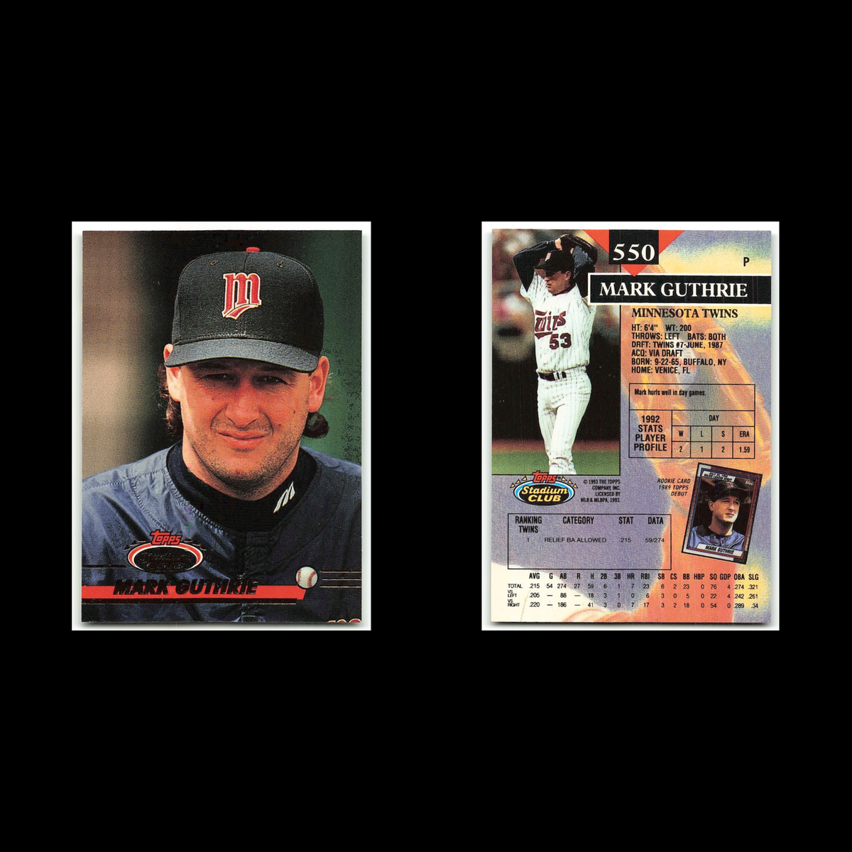 Mark Guthrie #550 1993 Topps Stadium Club Minnesota Twins Baseball Card MLB NM