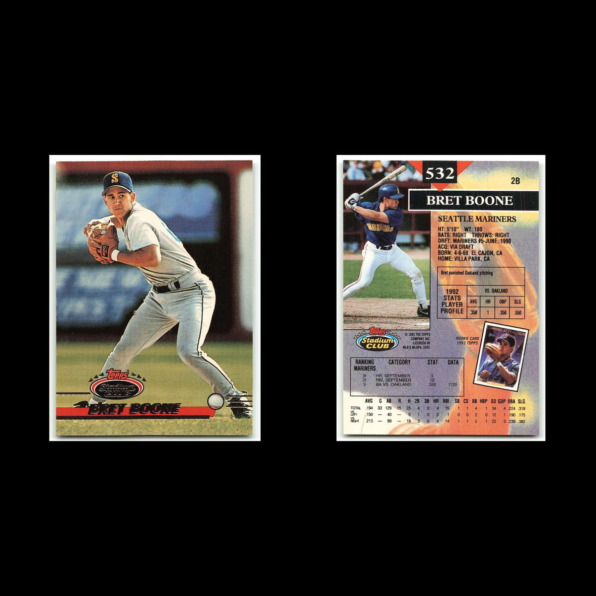 Bret Boone #532 1993 Topps Stadium Club Seattle Mariners Baseball Card MLB NM