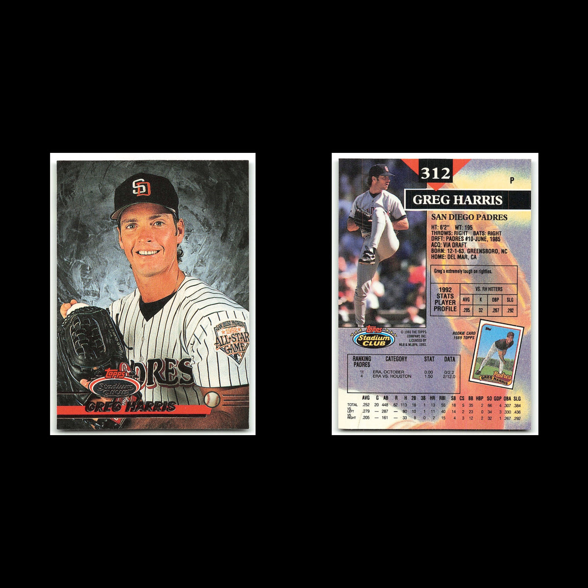 Greg Harris #312 1993 Topps Stadium Club San Diego Padres Baseball Card MLB NM