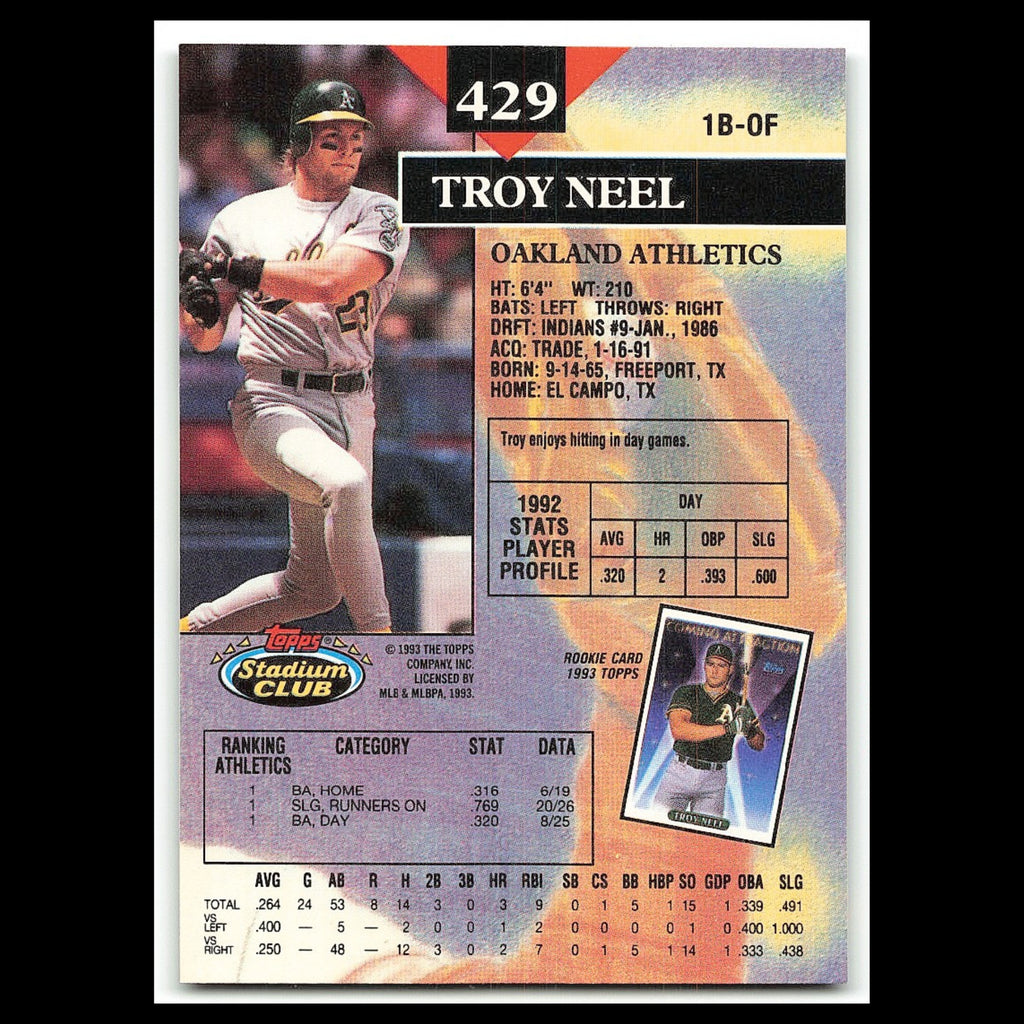 Troy Neel Rookie #429 1993 Topps Stadium Club Oakland Athletics Baseball Card NM