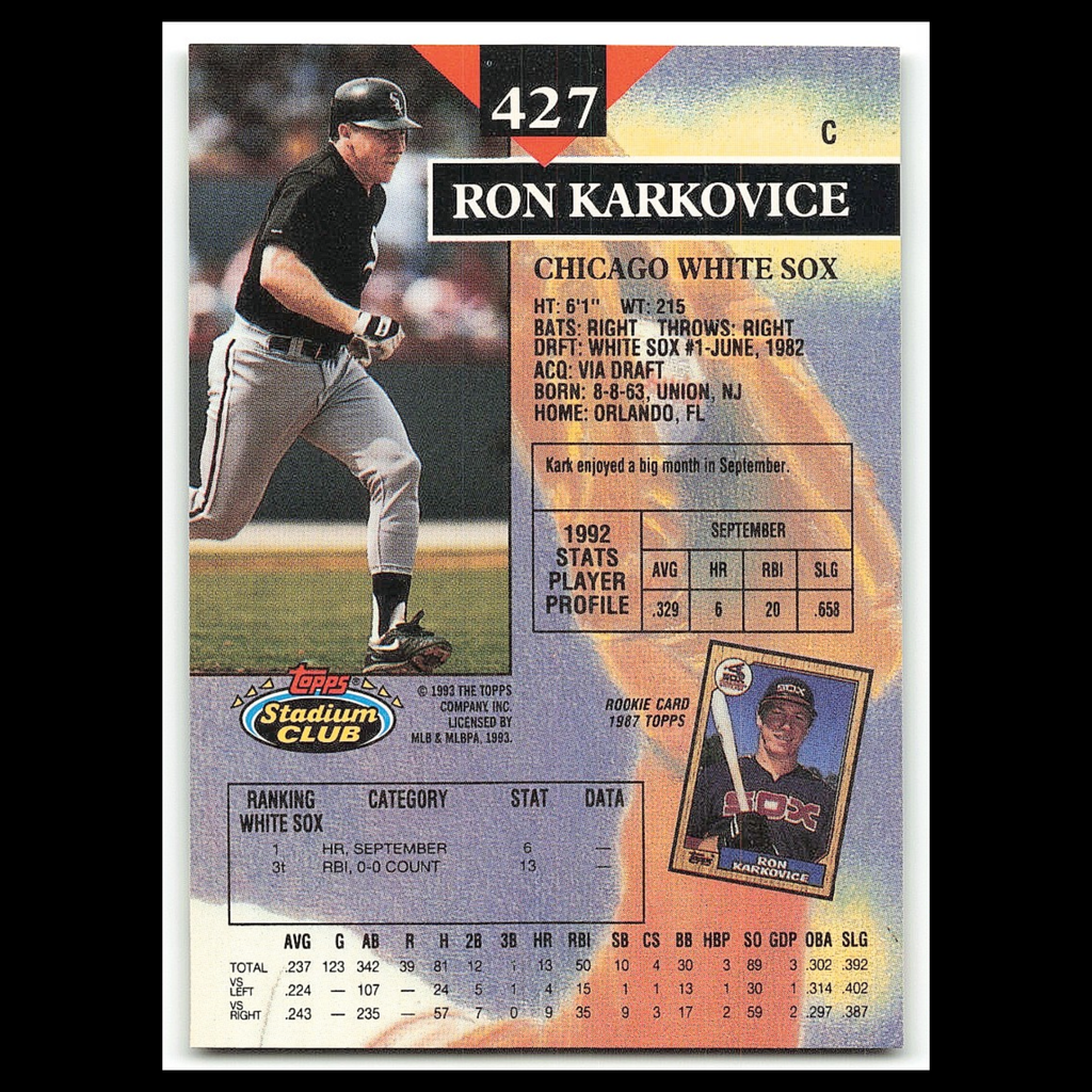 Ron Karkovice #427 1993 Topps Stadium Club Chicago White Sox Baseball Card MLB