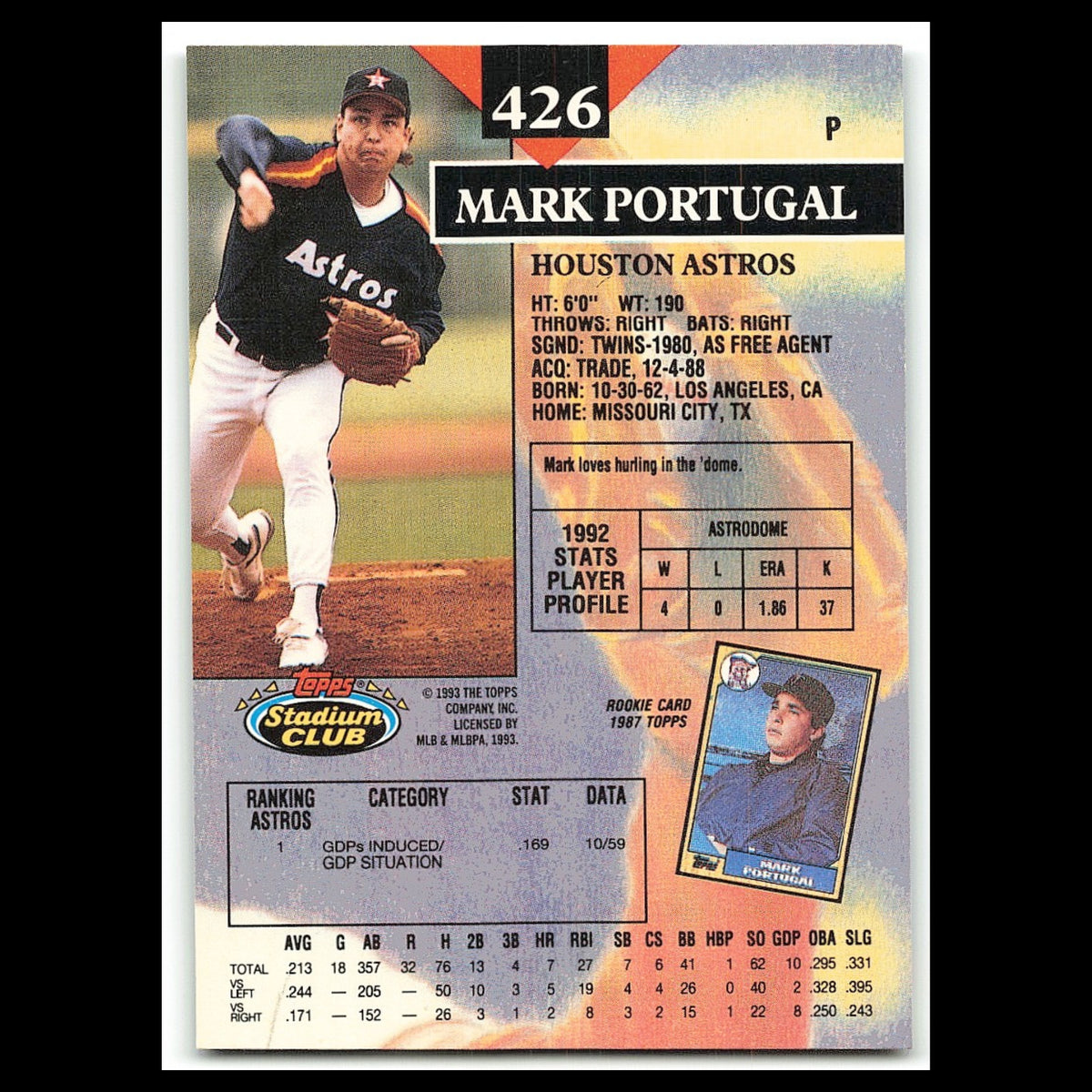 Mark Portugal #426 1993 Topps Stadium Club Houston Astros Baseball Card MLB NM