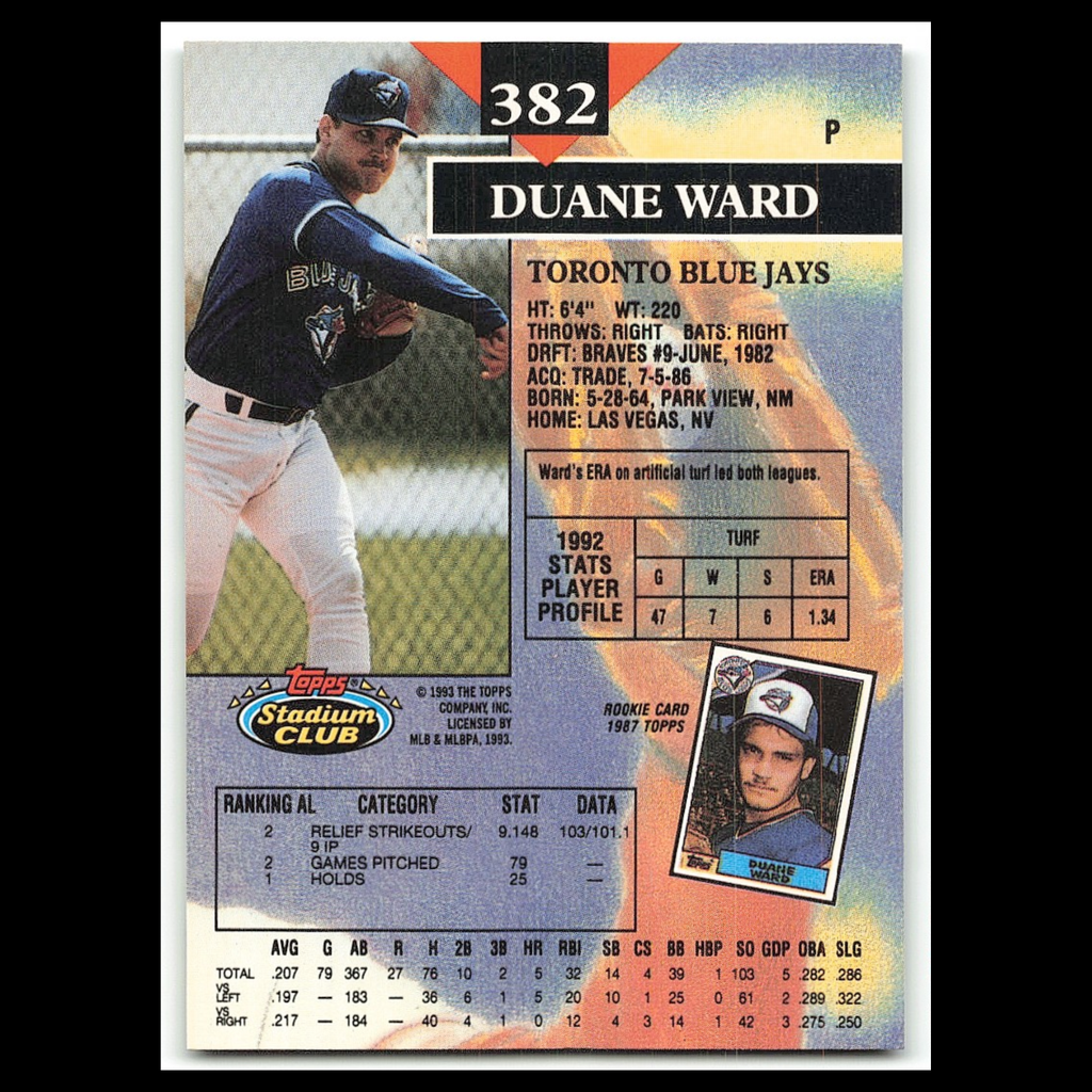 Duane Ward #382 1993 Topps Stadium Club Toronto Blue Jays Baseball Card MLB NM