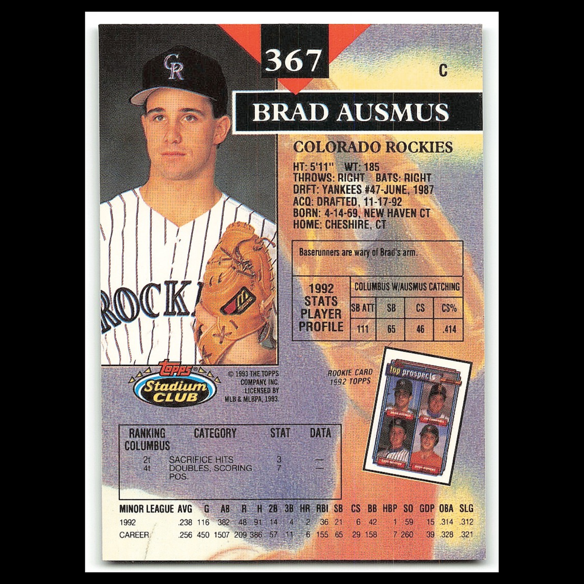 Brad Ausmus #367 1993 Topps Stadium Club Colorado Rockies Baseball Card MLB NM